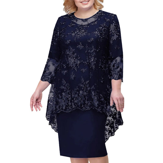 Women's Elegant Lace Embroidery Evening Dress Half Sleeve Knee-Length Round Neck Solid Temperment Dress For Middle-Age Women