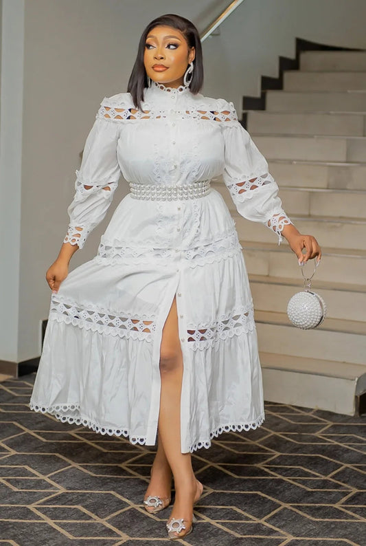 2024 Hot Style Women Dress Plus Size 5XL Hollow Out Lace Patchwork Solid Color Round Neck Long Dress Pearls Belt Buttons Gowns SHOWLU FASHION STORE