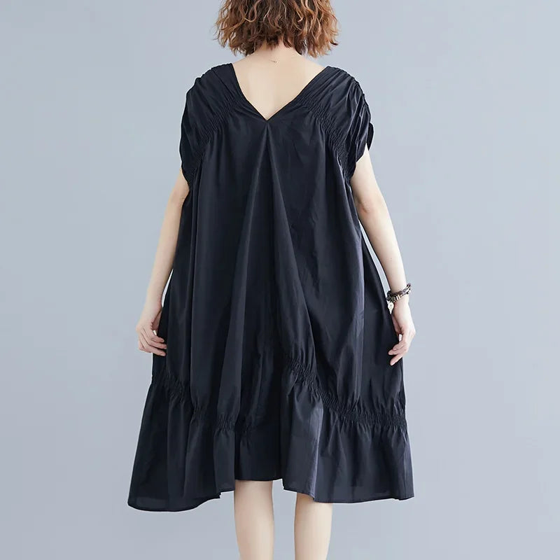 V-neck Dress Irregular Oversized Loose Skirt Black Pleated Fishtail Skirt Fashionable Off The Shoulder New Style Plus Size SHOWLU FASHION STORE