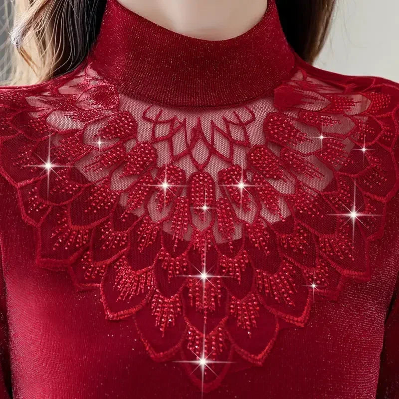 Women Blouse Turtleneck Lace Shirt Women's Mesh Blusas Ropa De Mujer SHOWLU FASHION STORE