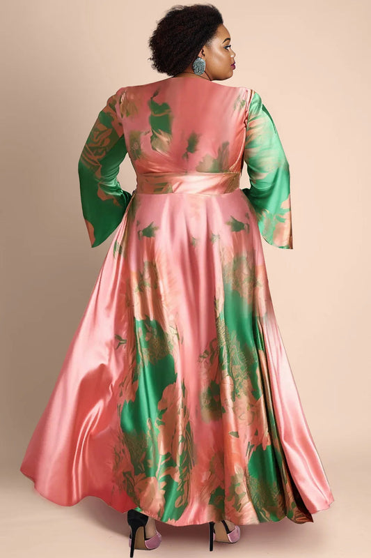 Women‘s Plus Size Satin Dress Vacation Elegant Pink Colorblock Flare Long Sleeve Wedding Guest V-Neck Maxi Dresses SHOWLU FASHION STORE