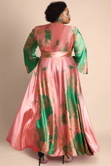 Women‘s Plus Size Satin Dress Vacation Elegant Pink Colorblock Flare Long Sleeve Wedding Guest V-Neck Maxi Dresses SHOWLU FASHION STORE
