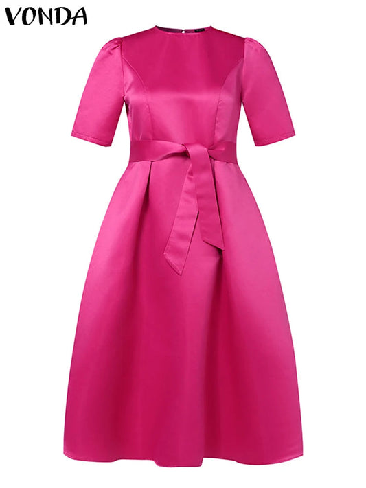 VONDA Plus Size 5XL Elegant Satin Summer Midi Dress 2024 Women Short Sleeve Vestidos Casual Belted Loose Solid Color Long Robe SHOWLU FASHION STORE