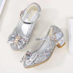 Princess Kids Leather Shoes for Girls Flower Casual Glitter Children High Heel Girls Shoes Butterfly Knot Gold Silver SHOWLU FASHION STORE