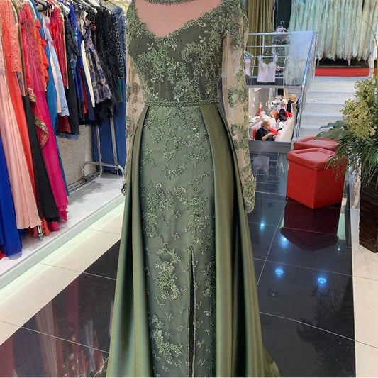 Luxurious Olive Green Evening Dresses Lace Long Sleeves Side Split Wedding Party Gowns Stain Train Invitada Boda 2023 Vestido De