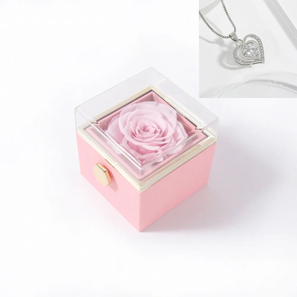 Rotating Rose Gift Box Acrylic Ring Necklace Preserved Flower Jewelry Box For Girlfriend Mother Valentine's Day Christmas Gifts SHOWLU FASHION STORE
