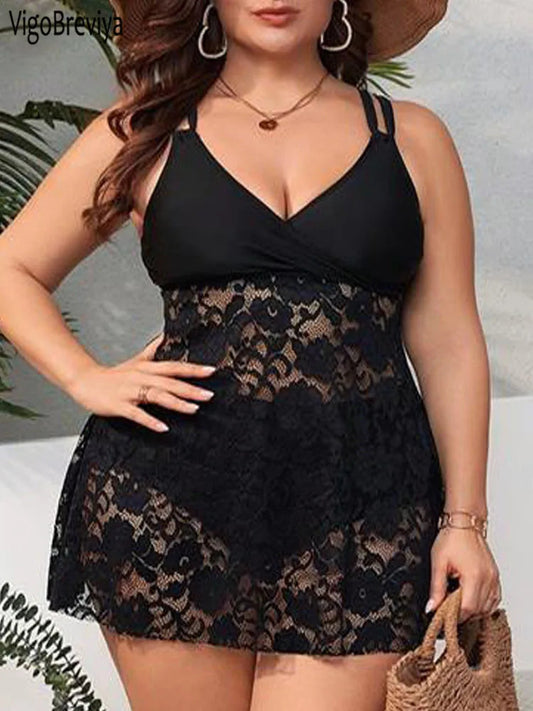 VigoBreviya 2025 Lace Patchwork Two Piece Plus Size Tankini Set Women High Waist Curvy Swimsuit Lady Brazilian Big Bathing Suit
