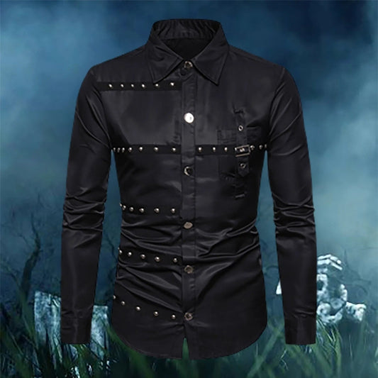Gothic Studded Men'S Long Sleeve Shirt Halloween Medieval Belt Black Shirt Classic Vintage Party Performance Men'S Clothing SHOWLU FASHION STORE