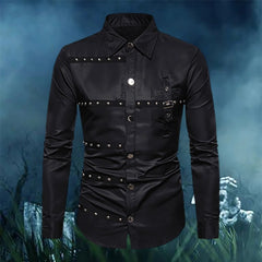 Gothic Studded Men'S Long Sleeve Shirt Halloween Medieval Belt Black Shirt Classic Vintage Party Performance Men'S Clothing SHOWLU FASHION STORE
