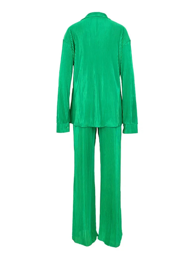 QFAF Fashion Pleated Women's Set Long Sleeve Oversized Shirt and Wide Leg Pants 2023 Elegant Tracksuit Two 2 Piece Set Outfits SHOWLU FASHION STORE