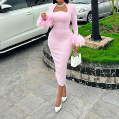 BKLD New Arrival Women Sexy High Waisted Long Sleeve Feather Trim Split Bandage Dress OL 2024 Elegant Evening Club Party Dresses SHOWLU FASHION STORE