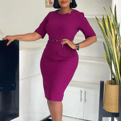 2024 Autumn Winter New Dress for Woman Square Neck Half Sleve Sheath Package Hips Belt Waisted Formal Work Bodycon Dress Midi OL SHOWLU FASHION STORE