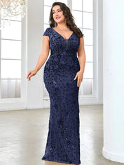 Lucyinlove Plus Size Elegant Blue Evening Dress For Women 2024 Luxury Long Mermaid Formal Sequins V-neck Prom Wedding Party Gown SHOWLU FASHION STORE