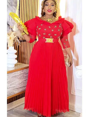 Elegant Women Party Evening Dresses Long Sleeve Pleated Maxi Robe African Dashiki Outfits Office Ladies Overalls Africa Clothing SHOWLU FASHION STORE