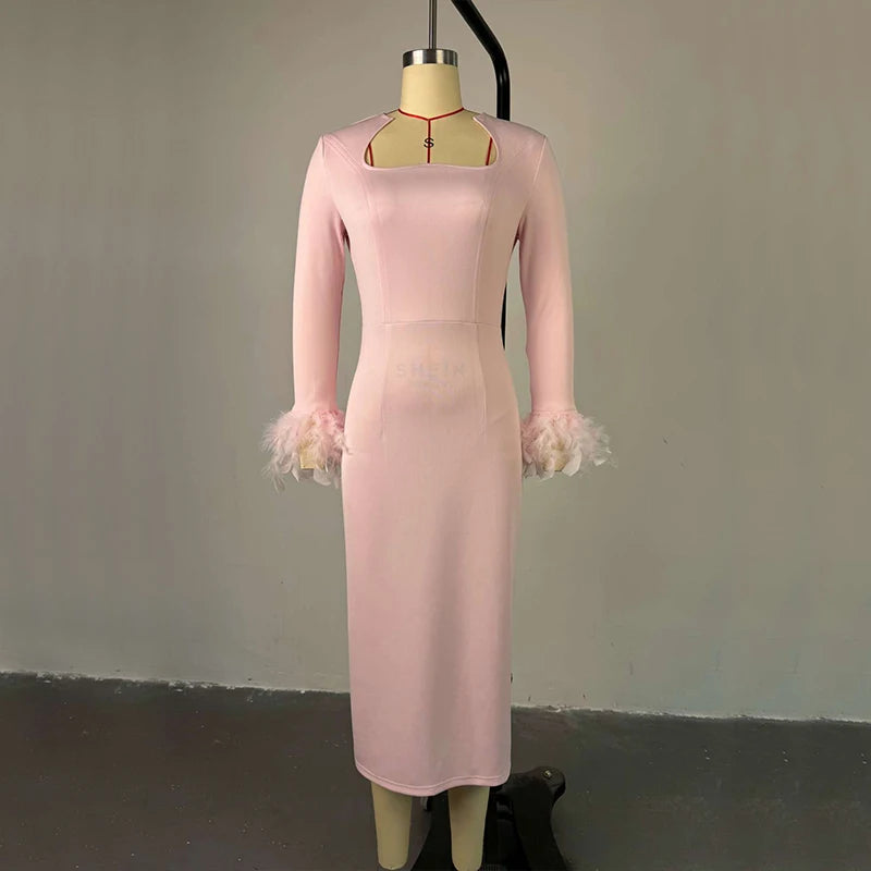 BKLD New Arrival Women Sexy High Waisted Long Sleeve Feather Trim Split Bandage Dress OL 2024 Elegant Evening Club Party Dresses SHOWLU FASHION STORE