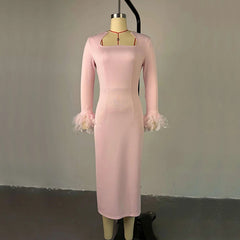 BKLD New Arrival Women Sexy High Waisted Long Sleeve Feather Trim Split Bandage Dress OL 2024 Elegant Evening Club Party Dresses SHOWLU FASHION STORE