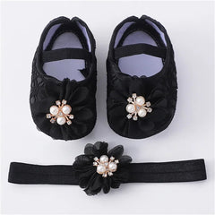 0-18months Baby Girls Shoes And Headband Soft Sole Non-Slip Pearl Flower Princess Wedding Dress Crib Shoes For Newborn Girls SHOWLU FASHION STORE