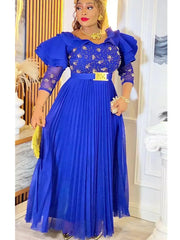 Elegant Women Party Evening Dresses Long Sleeve Pleated Maxi Robe African Dashiki Outfits Office Ladies Overalls Africa Clothing SHOWLU FASHION STORE