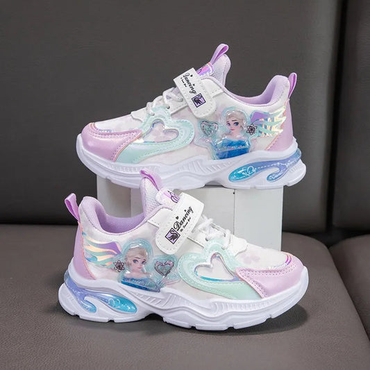 Disney Girls' Casual Shoes Frozen Priness Elsa Sneakers Mesh Leather White Breathable Sole Children's Sport Shoes Size 26-37 SHOWLU FASHION STORE