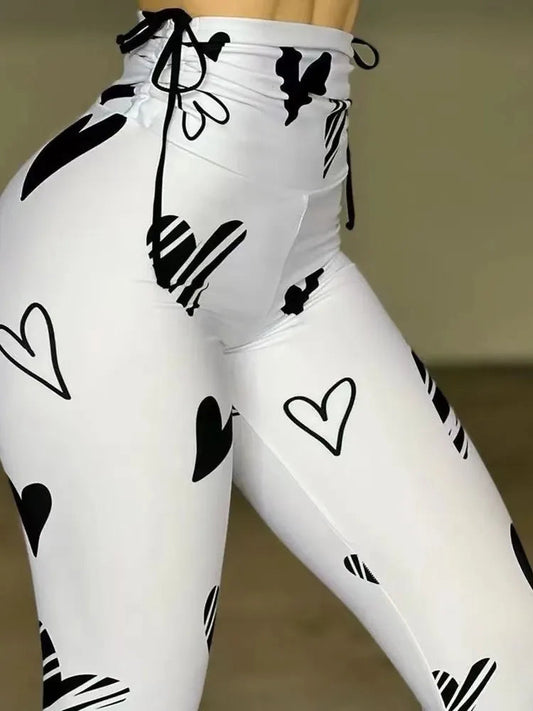 Daily Women Fashion Tights Pants Summer New Casual Heart Drawstring Printed Yoga Exercise Hip Lifting Leggings Women's Versatile