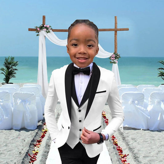 Children Slim Fit White Jacket Vest Pants Bowtie 4PCS Photograph Suit Kids Piano Host Performance Dress Boy's Suit For Wedding