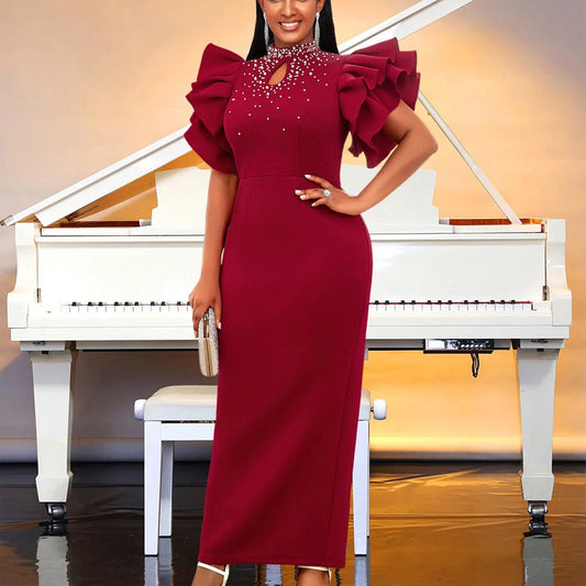 Luxury Party Dresses for Women O Neck Ruffles Sleeve Beaded Sheath Package Hips Ankle Length Elegant Birthday Dinner Vestidos SHOWLU FASHION STORE