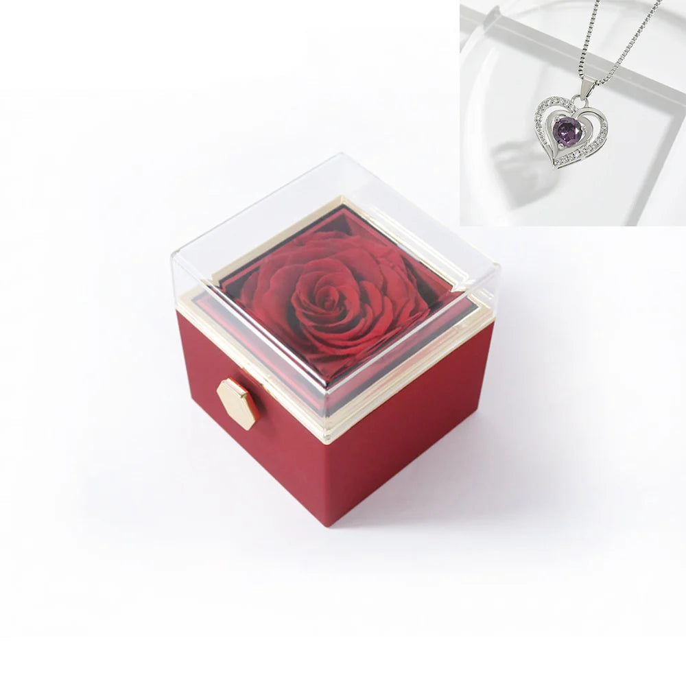 Rotating Rose Gift Box Acrylic Ring Necklace Preserved Flower Jewelry Box For Girlfriend Mother Valentine's Day Christmas Gifts SHOWLU FASHION STORE