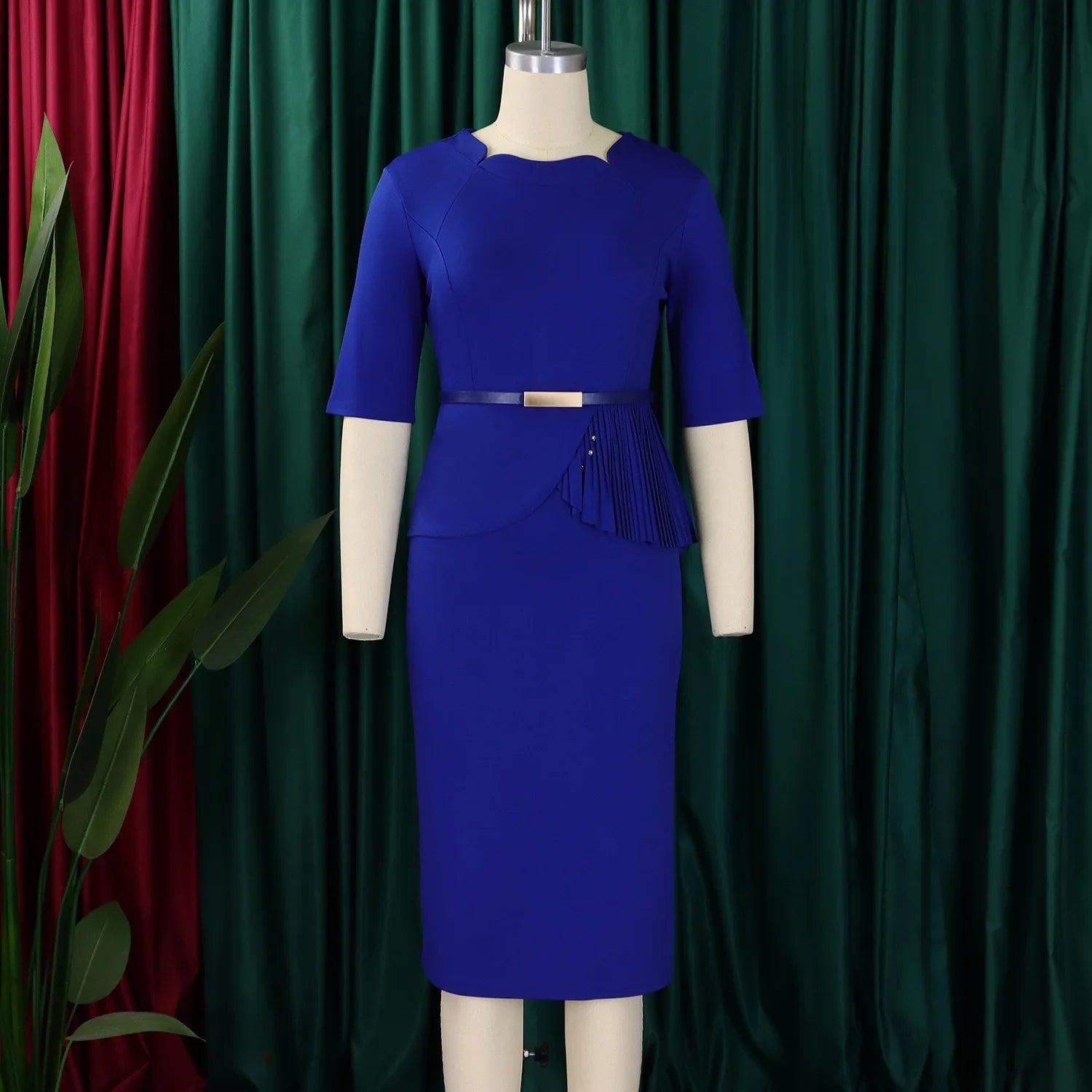 2024 Autumn Winter New Dress for Woman Square Neck Half Sleve Sheath Package Hips Belt Waisted Formal Work Bodycon Dress Midi OL SHOWLU FASHION STORE