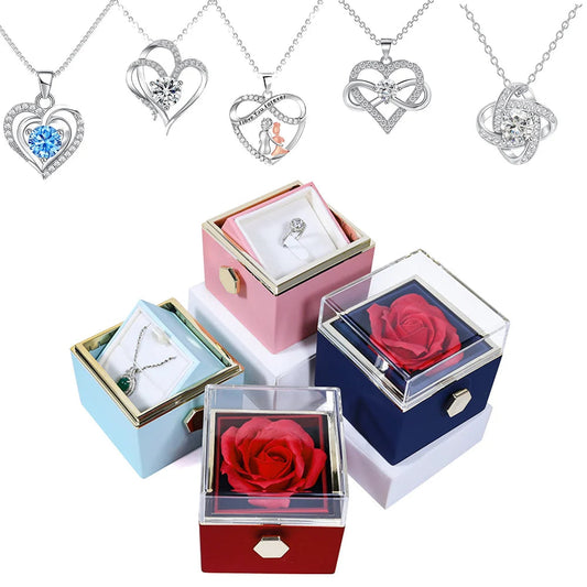 Rotating Rose Gift Box Acrylic Ring Necklace Preserved Flower Jewelry Box For Girlfriend Mother Valentine's Day Christmas Gifts SHOWLU FASHION STORE