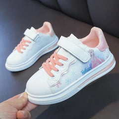 Disney Girls' White Shoes Leather Cartoon Princess Elsa Shoes Spring Girls'  Sports Blue White Shoes Sneakers Size 26-37 SHOWLU FASHION STORE