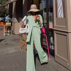 QFAF Fashion Pleated Women's Set Long Sleeve Oversized Shirt and Wide Leg Pants 2023 Elegant Tracksuit Two 2 Piece Set Outfits SHOWLU FASHION STORE