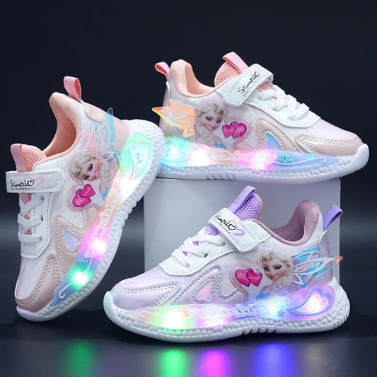 Disney LED Casual Sneakers Pink Purple For Summer Girls Frozen Elsa Princess Print Outdoor Shoes Children Lighted Non-slip Shoes SHOWLU FASHION STORE