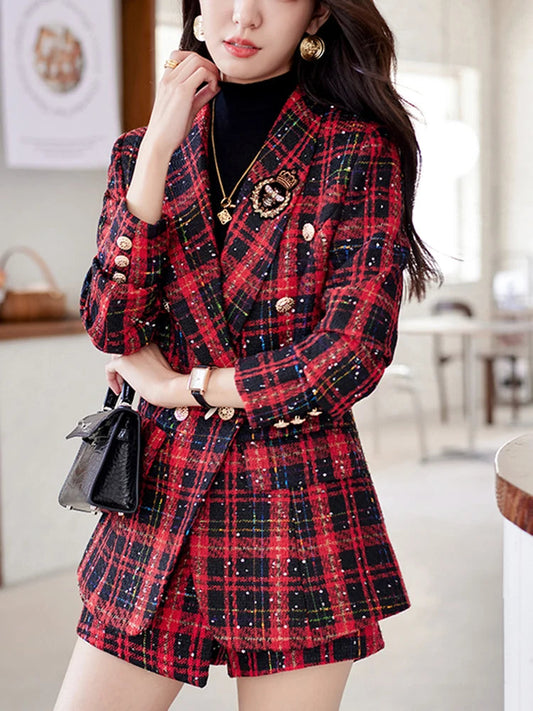 ZJYT Elegant Plaid Tweed Blazer Shorts Suits Autumn Winter Outfits for Women 2 Piece Business Chic Office Matching Set Plus Size SHOWLU FASHION STORE