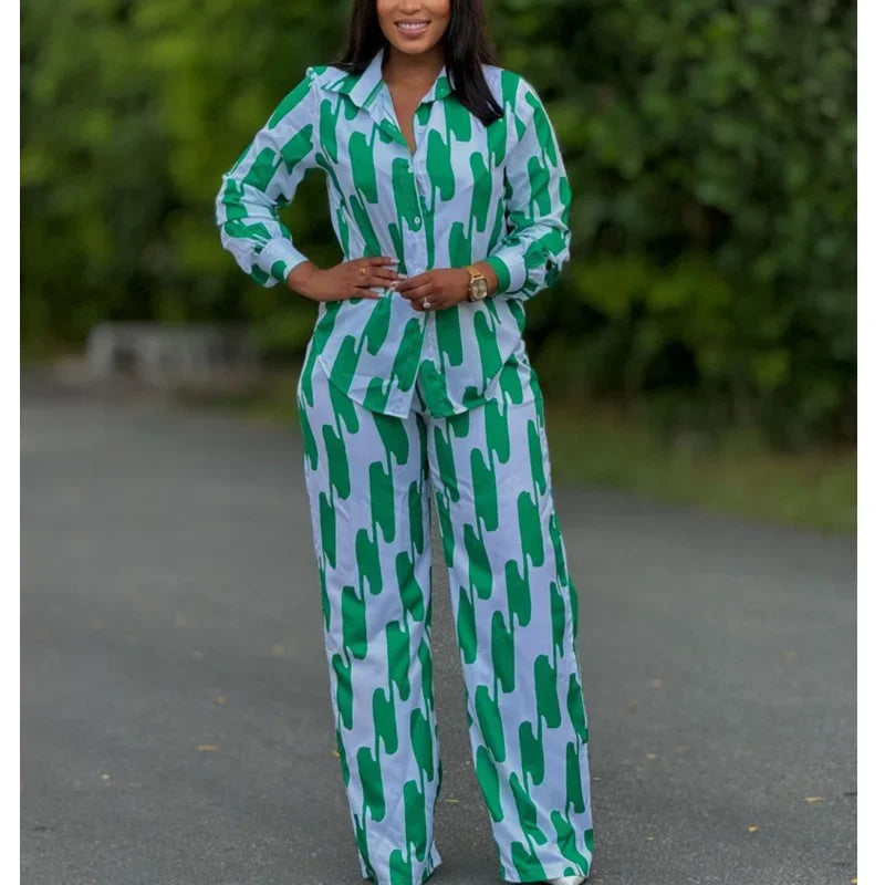 African Fashion Stripe Printed Two Piece Set Women Spring Autumn Casual Button Long Sleeved Shirt Wide Leg Pants Set SHOWLU FASHION STORE