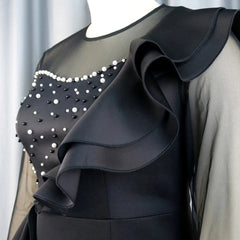 Elegant Dresses Woman 2024 Luxury O Neck Transparent Beaded Ruffles Full Sleeve Sheath Package Hips Mid Calf Birthday Party Robe SHOWLU FASHION STORE