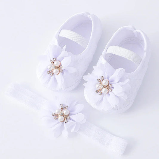 0-18months Baby Girls Shoes And Headband Soft Sole Non-Slip Pearl Flower Princess Wedding Dress Crib Shoes For Newborn Girls