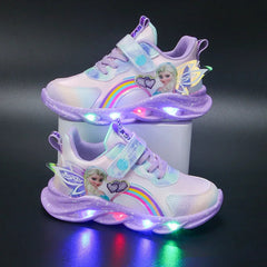 Disney Girl's Casual Shoes Mesh Pink Sport LED Light Breathable Sneakers Comfortable Frozen Children's Pink Purple Shoes Size 35 SHOWLU FASHION STORE