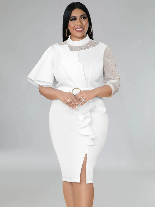Plus Size White Dress for Women O Neck Beading Patchwork Peplum Bodycon Evening Birthday Event Party Gowns 4XL Outfits Summer SHOWLU FASHION STORE