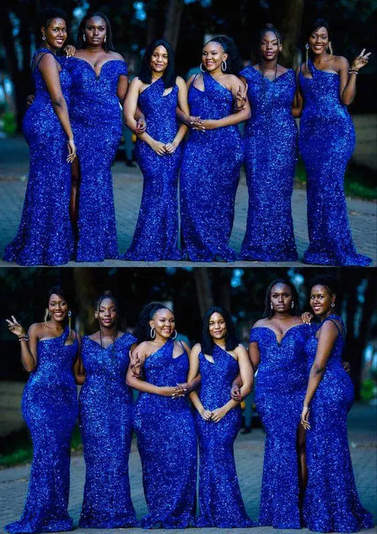 Royal Blue Sequins Bridesmaid Dresses 2022 Mermaid Multi Style Plus Size Women Formal Evening Party Gowns Sleeveless Reception