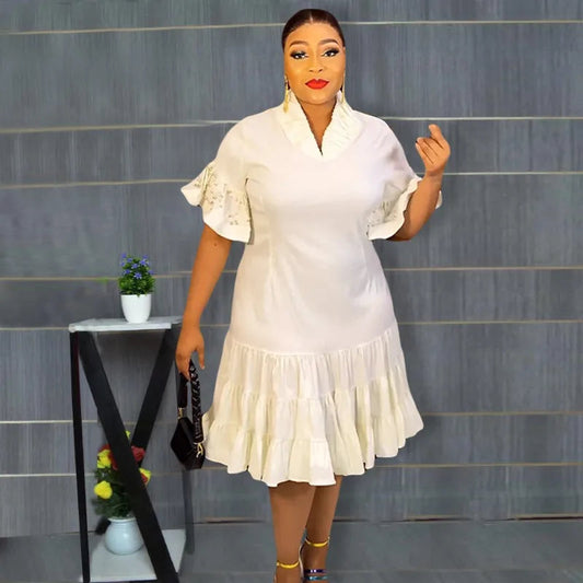 2024 New European and American  African Women Plus Size Five-point Sleeve Pleated Ruffled Dress African Clothes for Women SHOWLU FASHION STORE