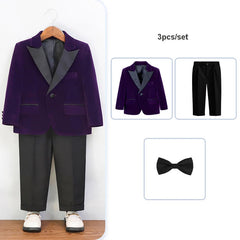 Autumn Boys Red Velvet Suit Set Children Birthday Party Wedding Host Piano Performance Costume Kids Blazer Pants Bowtie Outfit SHOWLU FASHION STORE
