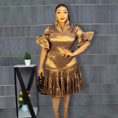 2024 New European and American  African Women Plus Size Five-point Sleeve Pleated Ruffled Dress African Clothes for Women SHOWLU FASHION STORE