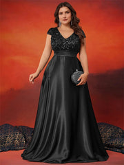 XUIBOL Plus Size Elegant V-Neck Green Sequin Evening Dress Long Luxury Women Satin Short Sleeves Party Prom Cocktail Dress SHOWLU FASHION STORE
