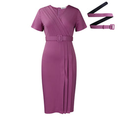 Summer new arrival fashion sexy V-neck casual slim fit ruched pencil dress short sleeve elegant plus size dress women clothing SHOWLU FASHION STORE