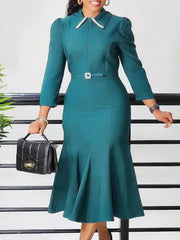 Elegant Church Dresses for Women Mermaid Long Sleeves Turn Down Collar Female Gowns Modest Classy Office Ladies Workwear Autumn SHOWLU FASHION STORE