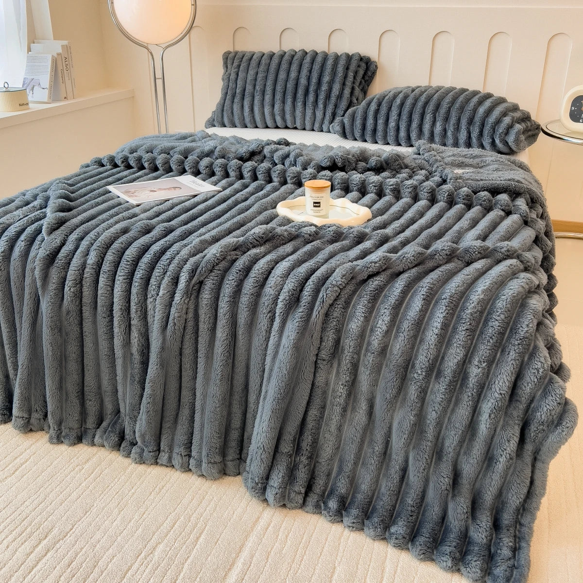 Solid color thickened wide striped multifunctional blanket, can be used as bed sheet cover blanket, nap blanket, pet blanket SHOWLU FASHION STORE