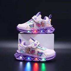 Disney LED Casual Sneakers For Spring Girls Frozen Elsa Princess Print Pu Leather Shoes Children Lighted Non-slip Pink Purple SHOWLU FASHION STORE