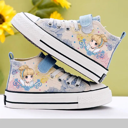 Disney Girls' Casual Canvas Shoes Frozen Princess Elsa Children's White Shoes Breathable Soft Sole High Top Casual Shoes Size 24