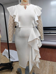 Elegant White Party Dress V Neck Lace Long Sleeve Ruffles High Waist Bodycon Women's Birthday Evening Dresses for Ladies New SHOWLU FASHION STORE