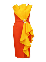 ONTINVA  Women Plus Size Party Dress Sexy One Shoulder Spaghetti Strap Sleeveless Orange Yellow Patchwork Slim Fit Prom Gowns SHOWLU FASHION STORE
